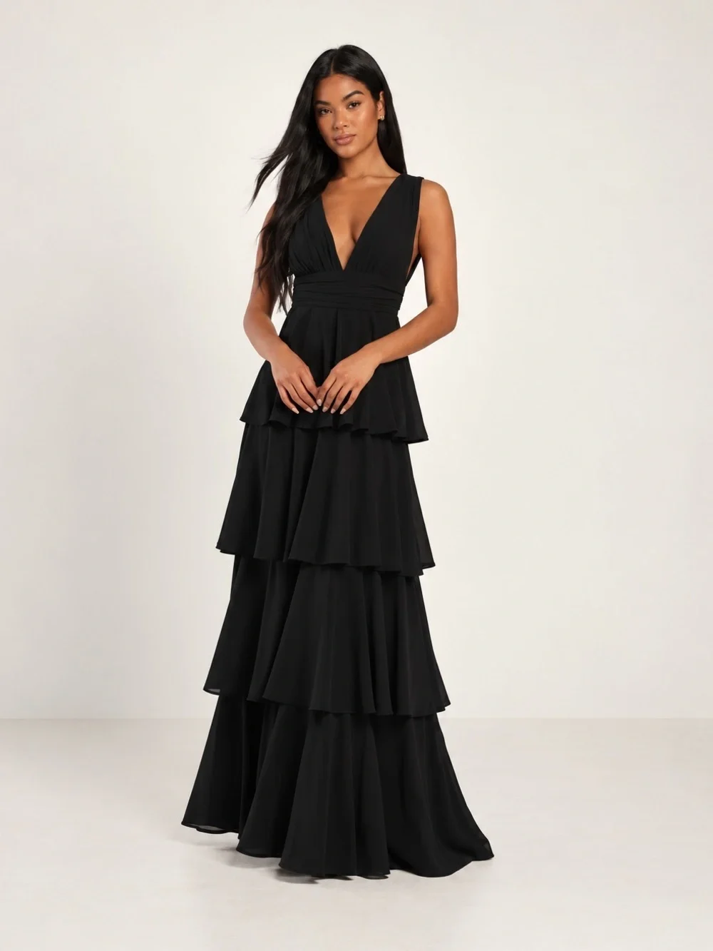 LULUS Prom Wedding Bridesmaid Tiered Ruffles Bohemian Black Maxi Dress